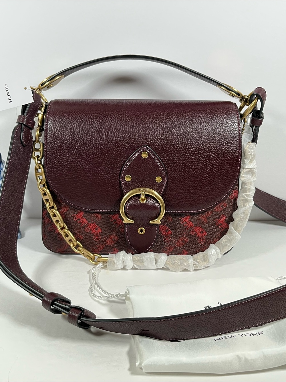 New Coach Beat Shoulder Bag With Horse And Carriage Print Oxblood Cranberry $550
